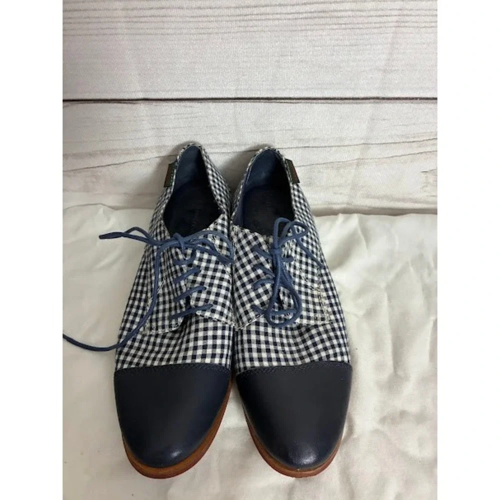 GH Bass & Co Evelyn Navy Gingham Cap Toe Oxford Shoes Womens 8M Lace Up Flats